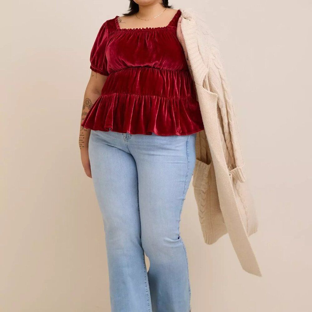 New Red Babydoll Velvet Tiered Top